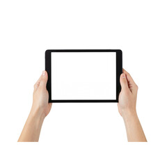 Holding a digital tablet device with both hands displaying a gray screen transparent background