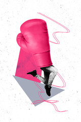 Vertical image art pop trend collage of anonym man instead head boxer glove punch sportive tournament ring competition knockout