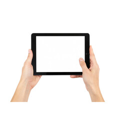 Hands holding a digital tablet screen displaying abstract gray content transparent background
