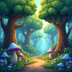 Enchanted forest path with whimsical mushrooms and vibrant trees, a magical scene.