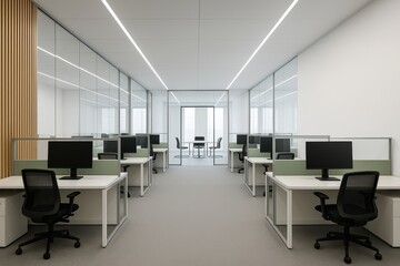 Modern open-plan office with minimalist design, featuring glass partitions, workstations with monitors, and ergonomic chairs in a bright setting. Ai generative