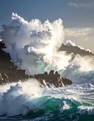 Powerful ocean waves crashing against rocks