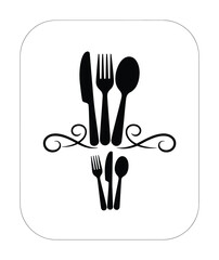 Elegant Black Silhouette of Cutlery with Decorative Swirls on White Background
