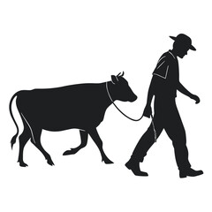 Farmer leading cow silhouette