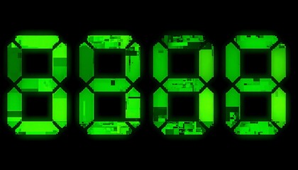 A close-up rendering featuring four illuminated green digital numbers. The digits are segmented in a futuristic font, with intricate internal detailing against a black background