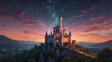 Fantasy castle on hill at sunset with starry sky.