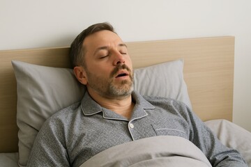 Middle-aged man snoring in bed while sleeping peacefully in pajamas with mouth open, resting on pillow under blanket in modern bedroom environment. Ai generative