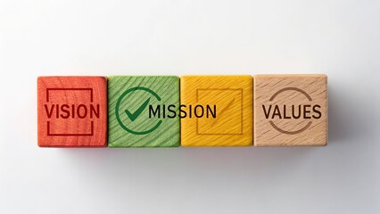 Engraved words 'VISION', 'MISSION', and 'VALUES' displayed separately on wooden blocks, arranged neatly on a clean white background, symbolizing strategy and leadership principles