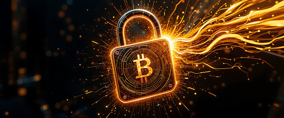 Abstract lock with spiraling 4D layers, neon gold highlights, black cyber background, striking golden flacks of light flowing from the right corner,