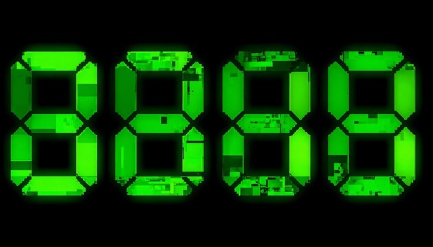 A close-up rendering featuring four illuminated green digital numbers. The digits are segmented in a futuristic font, with intricate internal detailing against a black background