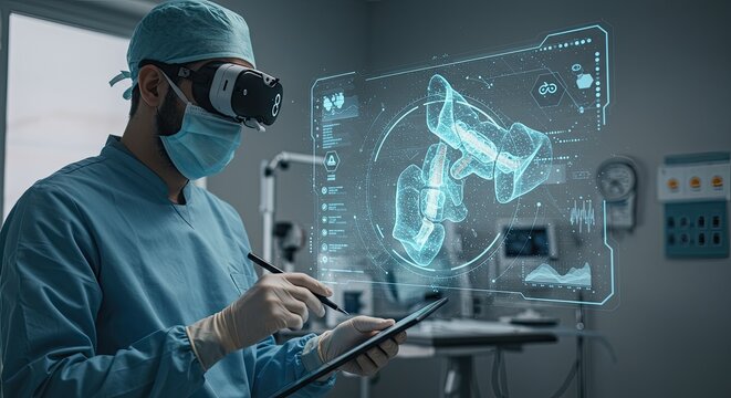 A surgeon in VR headset meticulously studies a holographic bone model, utilizing augmented reality for advanced surgical planning in a high-tech hospital. - Powered by Adobe