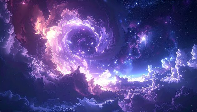 A vibrant digital artwork depicts a celestial vortex of swirling nebulae with purple, pink and orange hues, studded with glowing stars