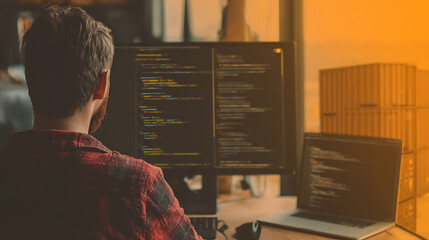 A person working on computer code displayed on dual monitors and a laptop in a warmly lit workspace.