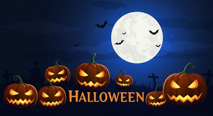 Fototapeta premium Spooky Halloween background with pumpkins, moon, and bat. Cool and horror designs. Poster, banner, flyer for night event Hallowen party and halloween day 
