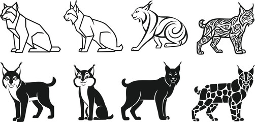 Stylized lynx illustrations — eight artistic designs including geometric, tribal, cartoon, realistic, minimalist, swirling, and giraffe-pattern styles
