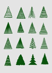Set of sixteen minimalist Christmas tree silhouettes in various styles on a light background. Green graphic illustrations are perfect for holiday design, greeting cards, and patterns.