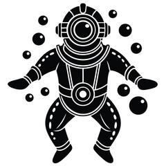 Retro scuba diver art with bubbles underwater exploration theme silhouette