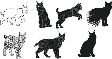 Stylized lynx illustrations — seven artistic designs including line art, geometric, silhouette, brushstroke, realistic fur, and polygonal walking poses