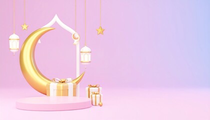 3D Ramadan scene with crescent moon, gifts, and lanterns