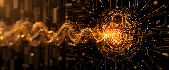 Abstract lock with spiraling 4D layers, neon gold highlights, black cyber background, striking golden flacks of light flowing from the right corner,