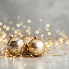 Golden Christmas baubles and fairy lights