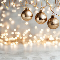 Golden Christmas baubles and fairy lights