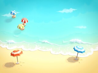 Sunny beach with colorful umbrellas and gentle waves, perfect for summer vacation and relaxation.