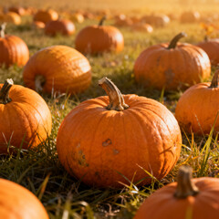 orange pumpkins lie on the field