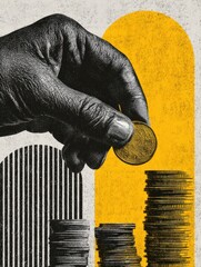 Hand Placing Coin on Stack of Coins with Yellow Arch and Striped Pattern money currency
