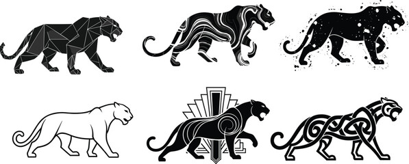 Stylized panther illustrations — six artistic interpretations including geometric, abstract swirl, splatter, minimalist, Art Deco, and Celtic knot styles