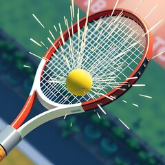 Tennis ball impact on racket, dynamic action shot, sport concept, bright energy.