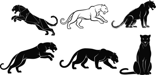 Stylized panther illustrations — six artistic poses including leaping, running, crouching, sitting, sketch, and sleek black silhouette styles