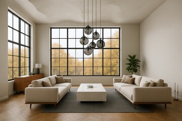 Fototapeta premium Modern minimalist living room interior with large windows, beige sofas, and geometric lighting, overlooking autumn trees outside. Ai generative. Ai generative