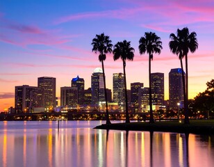 Obraz premium City skyline at sunset reflecting on water