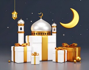 3D render of a mosque with gifts, Ramadan