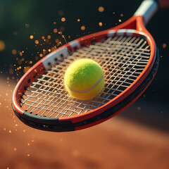 Tennis racket hitting ball on court, motion blur, golden dust particles.