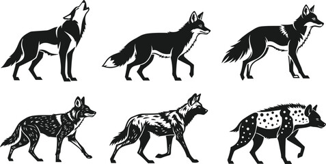 Stylized wild canines — six black-and-white illustrations featuring wolf, fox, jackal, African wild dog, and spotted hyena in varied poses
