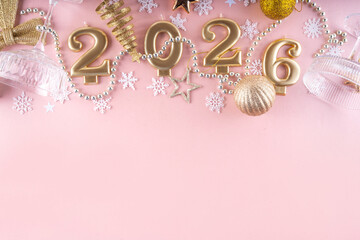 New year 2026 celebration greeting card background Gold numbers 2026 with golden party decoration, stars confetti on pink background. Flat lay, Merry Christmas, Noel happy New Year holidays banner 