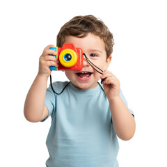Child Holding Colorful Toy Camera and Pretending to Take a Photo on White Background