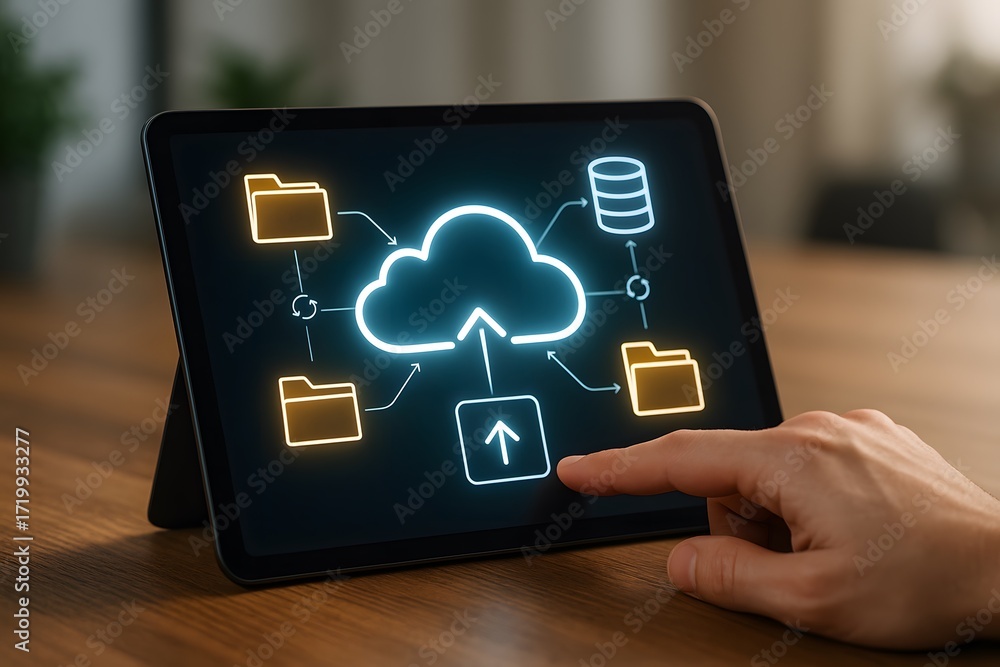 Poster cloud computing concept on a tablet screen being touched by a finger.