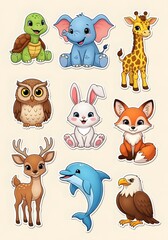 Collection of cute cartoon animals including a turtle, elephant, giraffe, owl, rabbit, fox, deer, dolphin, and eagle 4k video