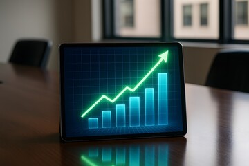 An office table displaying a graph showing financial growth. 