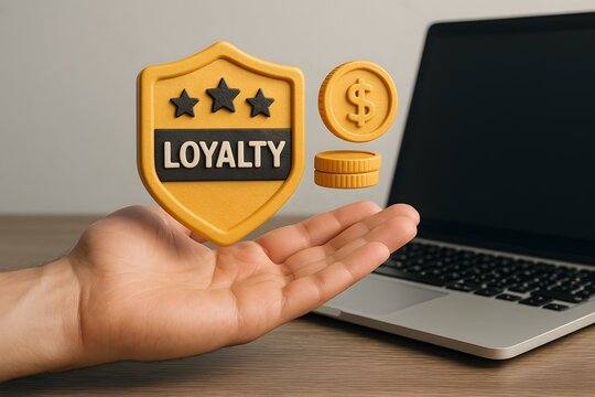 A hand holding loyalty reward with a laptop and coins.  - Powered by Adobe