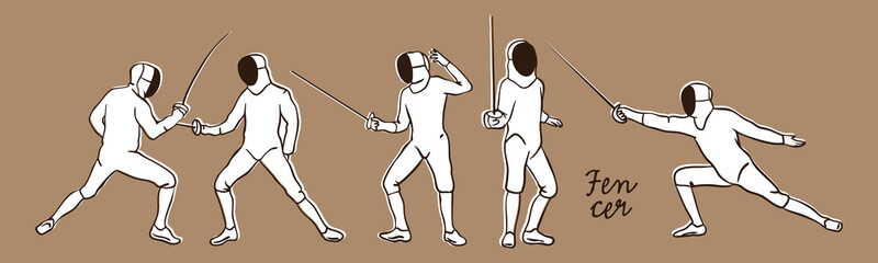 Fencer with rapier set. Characters in various fight positions. Fencing duel, sword fighting competition concept. Athletes in white protective equipment in motion. Hand drawn Vector illustration