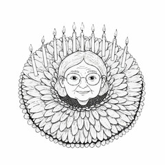 Elderly woman with glasses surrounded by candles and flowers  