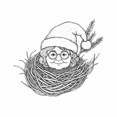 Whimsical character with glasses in a nest wearing a Santa hat  