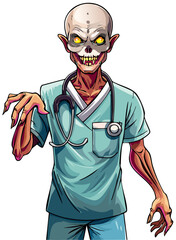 This detailed illustration portrays a menacing zombie character dressed in medical scrubs and wearing a stethoscope.