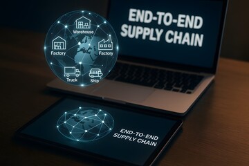 Depicting an end-to-end supply chain management concept through the use of a laptop and tablet.