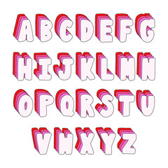 Hand drawn alphabet with 3d isometric effect and rainbow patterns