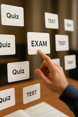 A person pointing to an exam with other options around. 